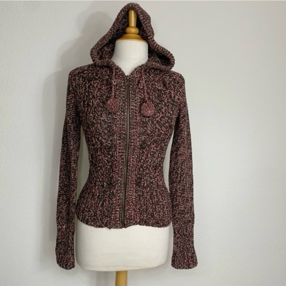 DKNY Women's Brown Pink Pom Pom Thick Knit Zip Hooded Sweater Jacket Size Small